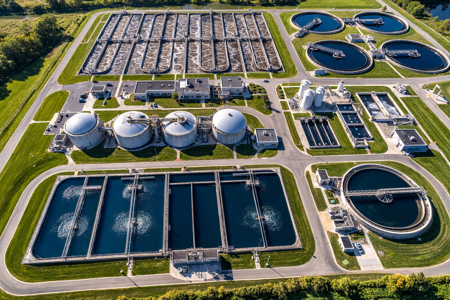 Aerial view of wastewater treatment infrastructure